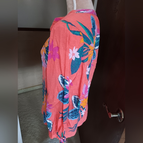 Old Navy~Relaxed Tie Cuff Linen Blend Tropical Orange Blouse - Picture 13 of 15